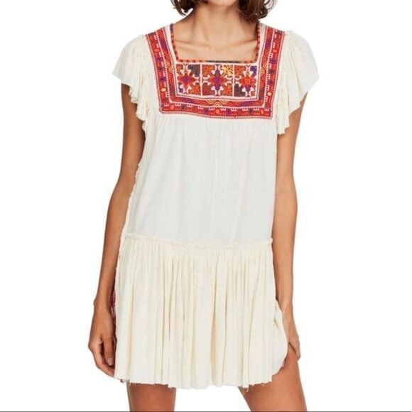 Free People Embroidered Day Glow Mini Open Back Ruffle Peasant Boho Dress - Picture 2 of 12